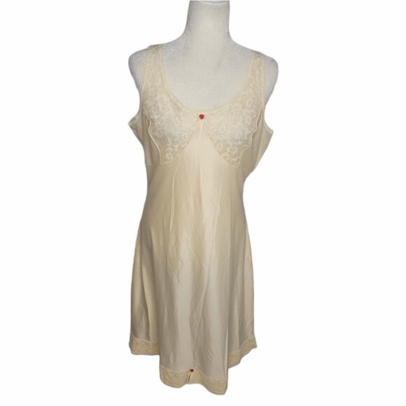 VINTAGE 80s slip ivory cream lace and satin rose grunge floral dress 48/L - Picture 1 of 13